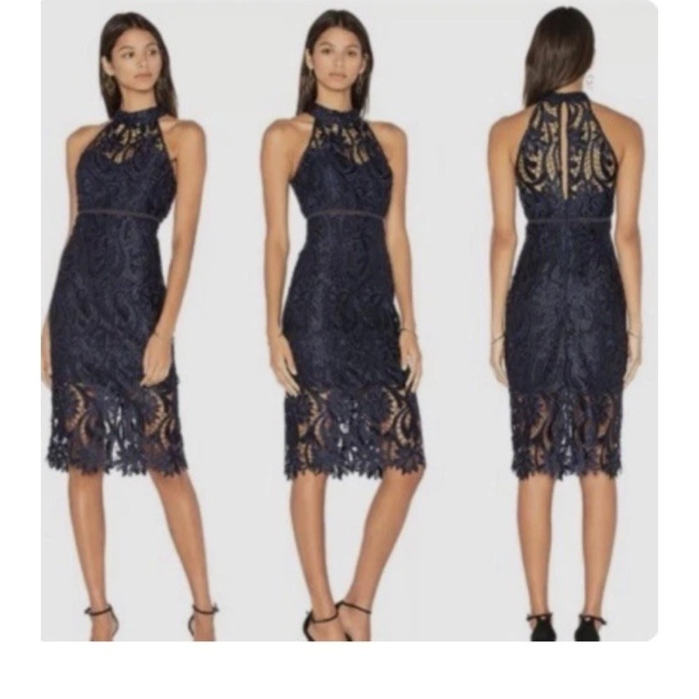 Bardot Isa Lace Halter Dress Women Size 6 Midi French Navy Cocktail Elegant